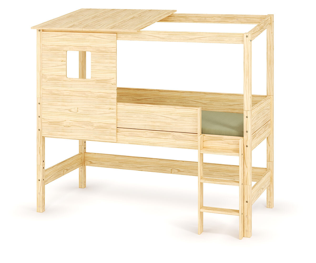 Lit cabane mi-hauteur Combeebed Bois naturel 90x200 cm Echelle grand côté Toit et fenêtre haut