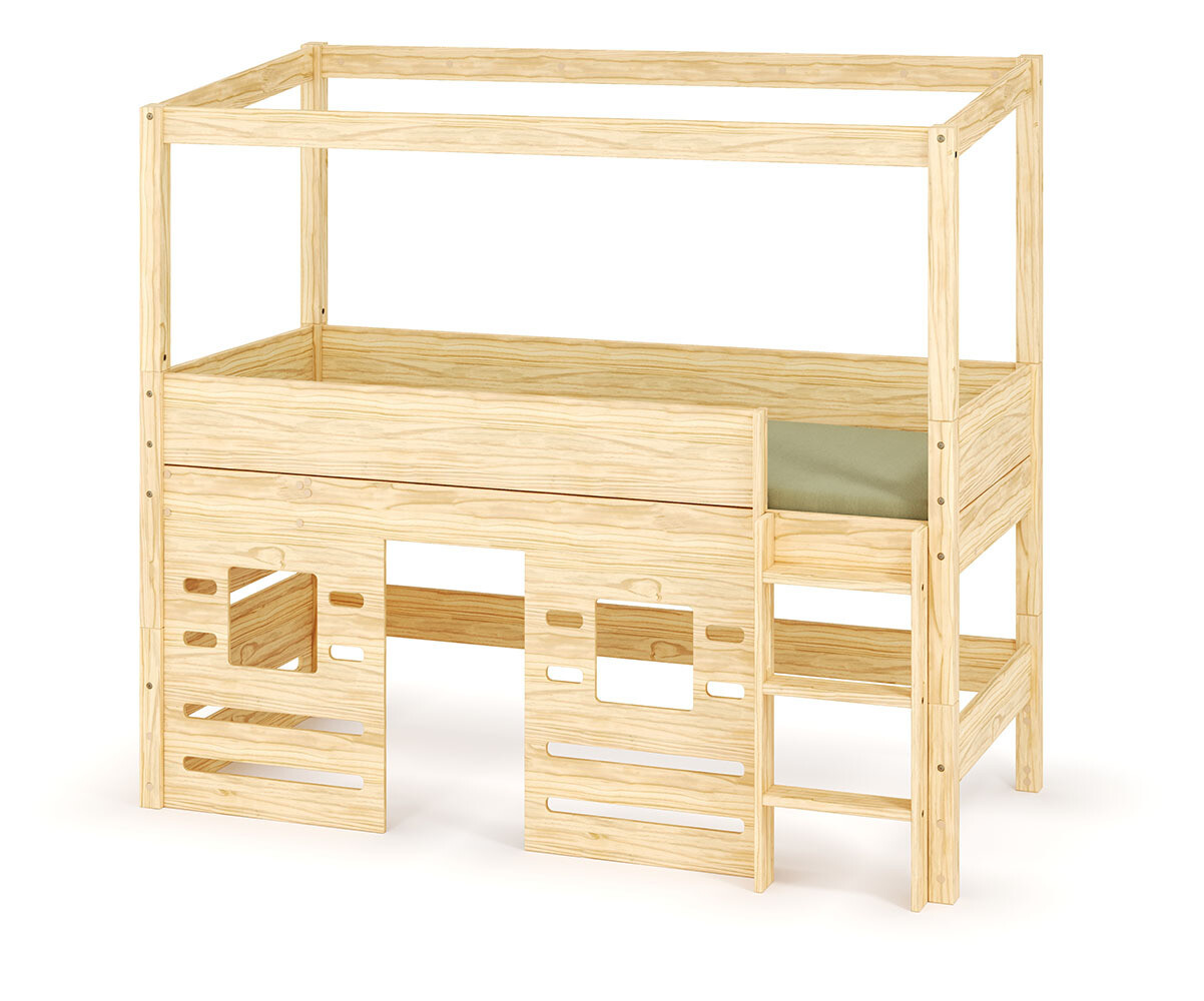Lit cabane mi-hauteur Combeebed Bois naturel 90x200 cm Echelle grand côté Fenêtre bas