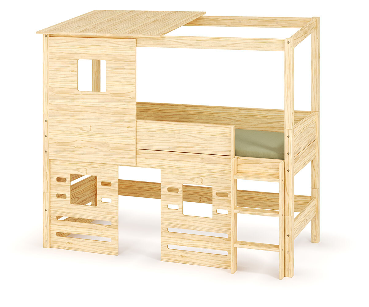Lit cabane mi-hauteur Combeebed Bois naturel 90x200 cm Echelle grand côté Toit et fenêtre haut et bas