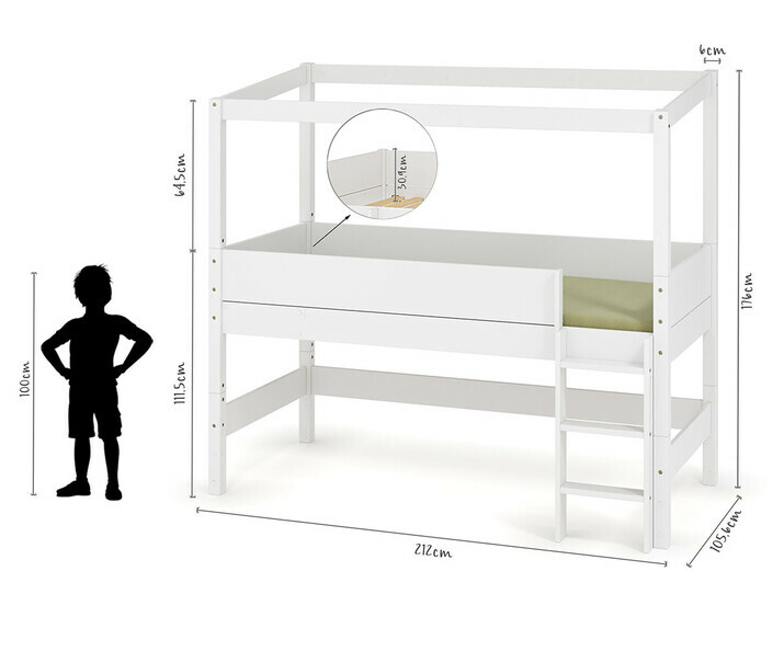 Dimensions du lit mi-hauteur cabane avec échelle sur le grand côté