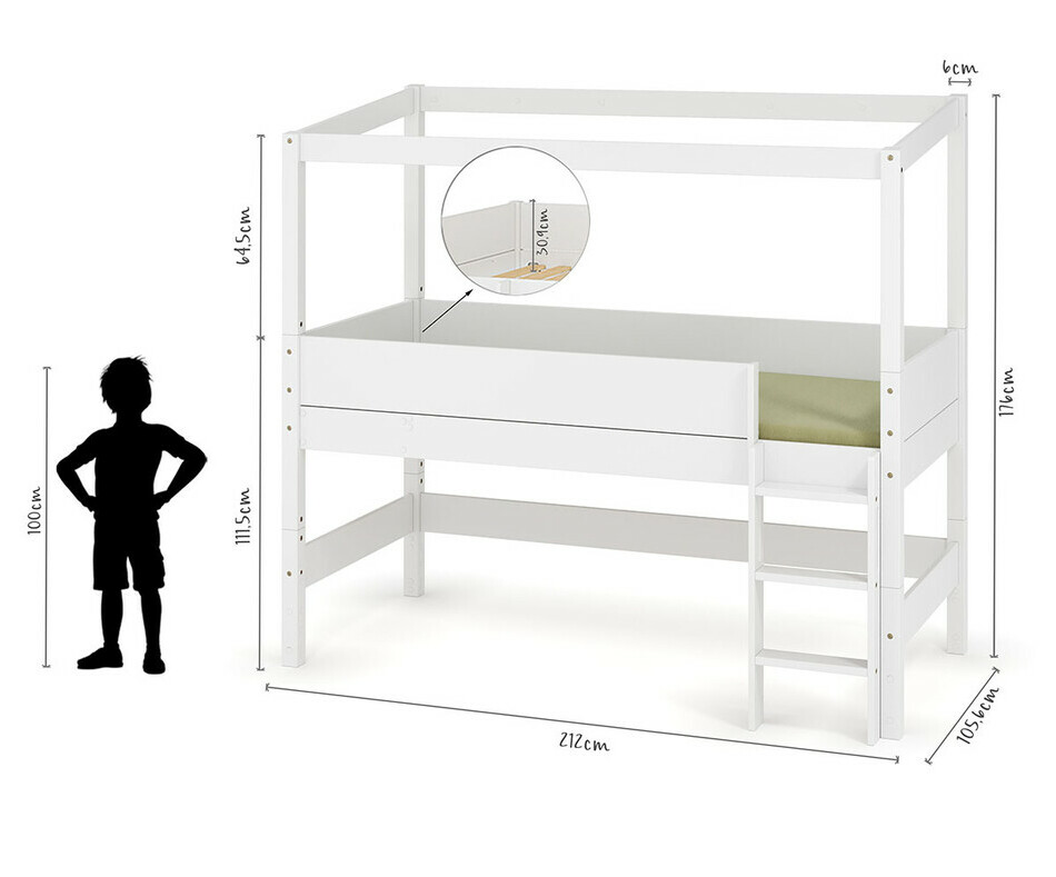 Dimensions du lit mi-hauteur cabane avec échelle sur le grand côté