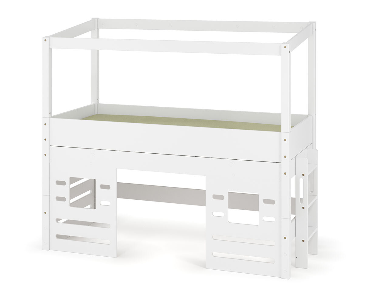 PROMO ! Lit cabane mi-hauteur Combeebed Blanc 90x200 cm Echelle petit côté Fenêtre bas