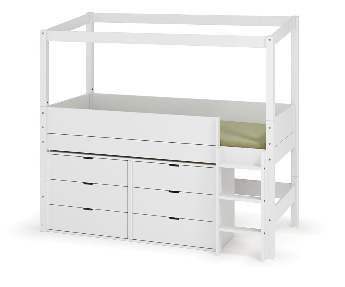 PROMO ! Lit cabane mi-hauteur avec rangement Combeebed Blanc 90x200 cm Echelle grand côté Structure cabane uniquement 2 commodes