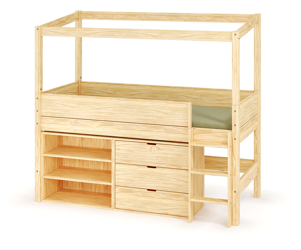 Lit cabane mi-hauteur avec rangement Combeebed Bois naturel 90x200 cm Echelle grand côté Structure cabane uniquement 1 étagère + 1 commode