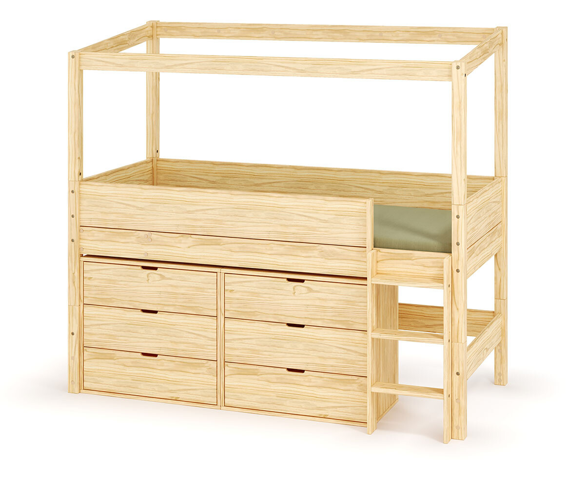 Lit cabane mi-hauteur avec rangement Combeebed Bois naturel 90x200 cm Echelle grand côté Structure cabane uniquement 2 commodes