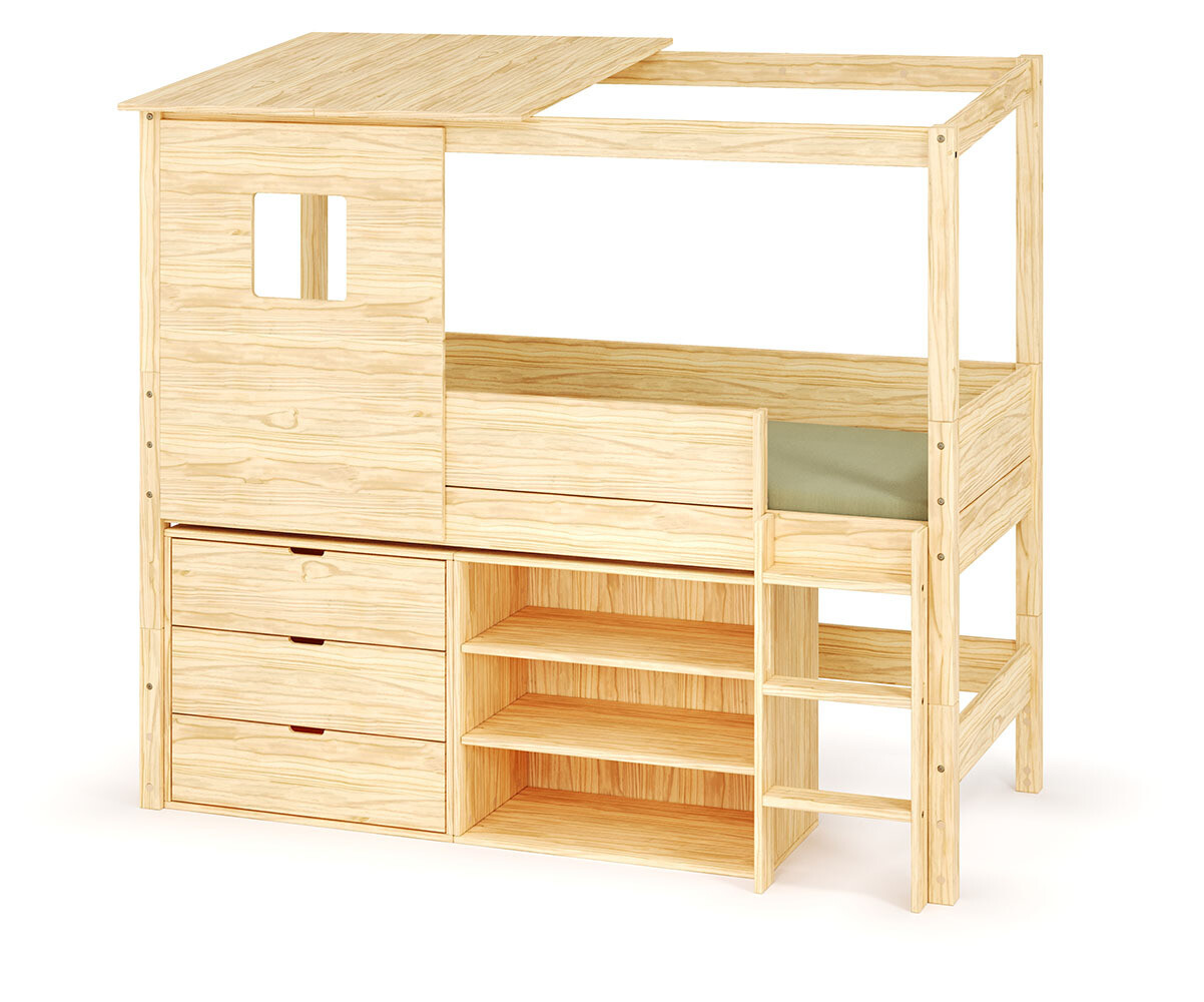 Lit cabane mi-hauteur avec rangement Combeebed Bois naturel 90x200 cm Echelle grand côté Toit et fenêtre haut 1 étagère + 1 commode