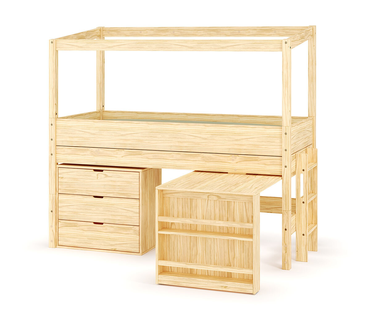 Lit cabane mi-hauteur avec bureau Combeebed Bois naturel 90x200 cm Echelle petit côté Structure cabane uniquement 1 commode
