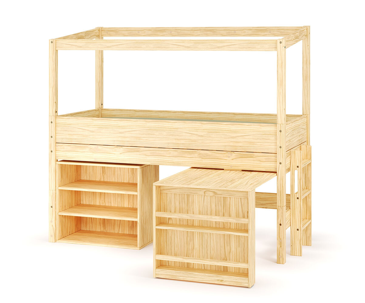Lit cabane mi-hauteur avec bureau Combeebed Bois naturel 90x200 cm Echelle petit côté Structure cabane uniquement 1 étagère
