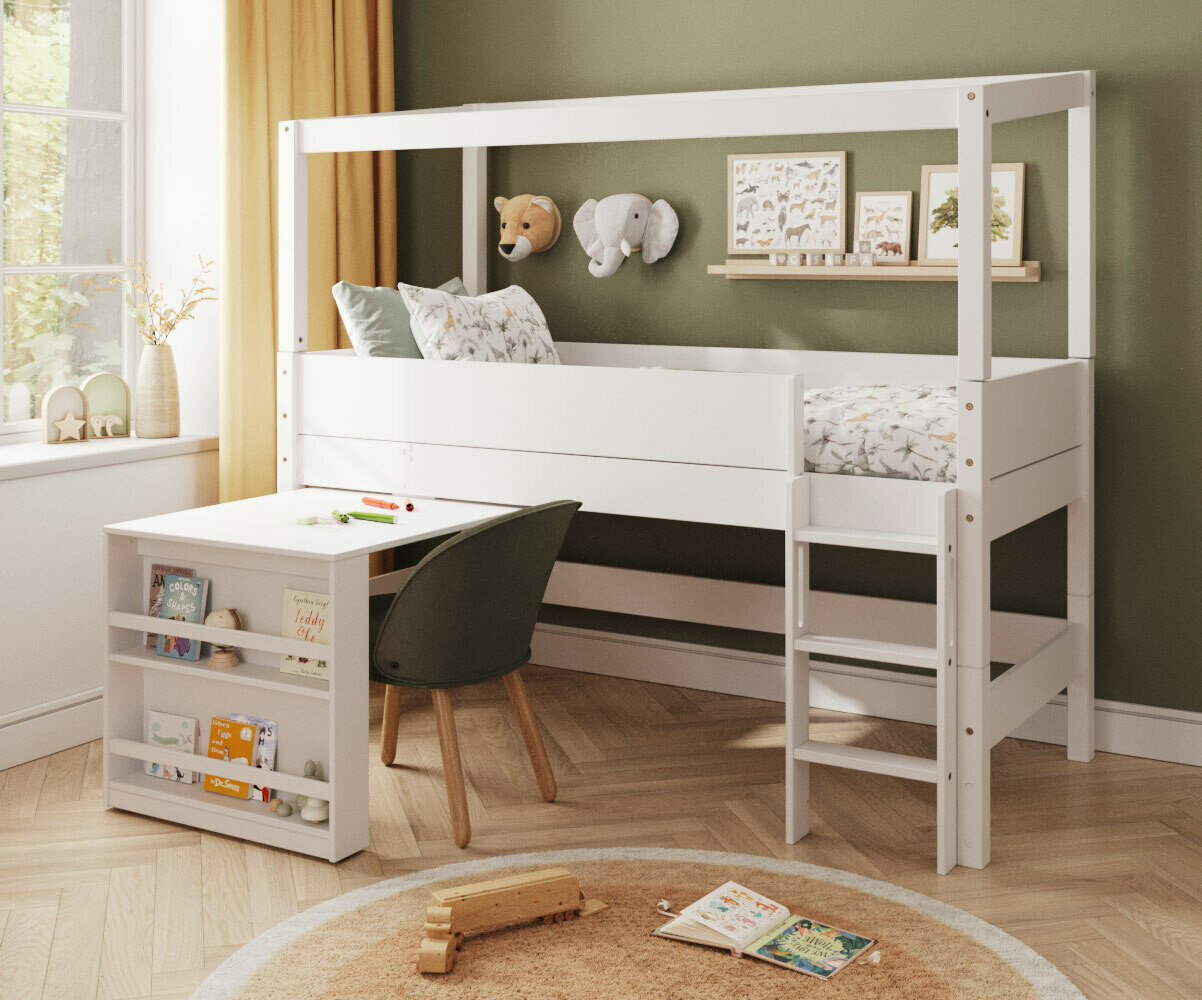 PROMO ! Lit cabane mi-hauteur avec bureau Combeebed Blanc 90x200 cm Echelle grand côté Structure cabane uniquement Sans rangement