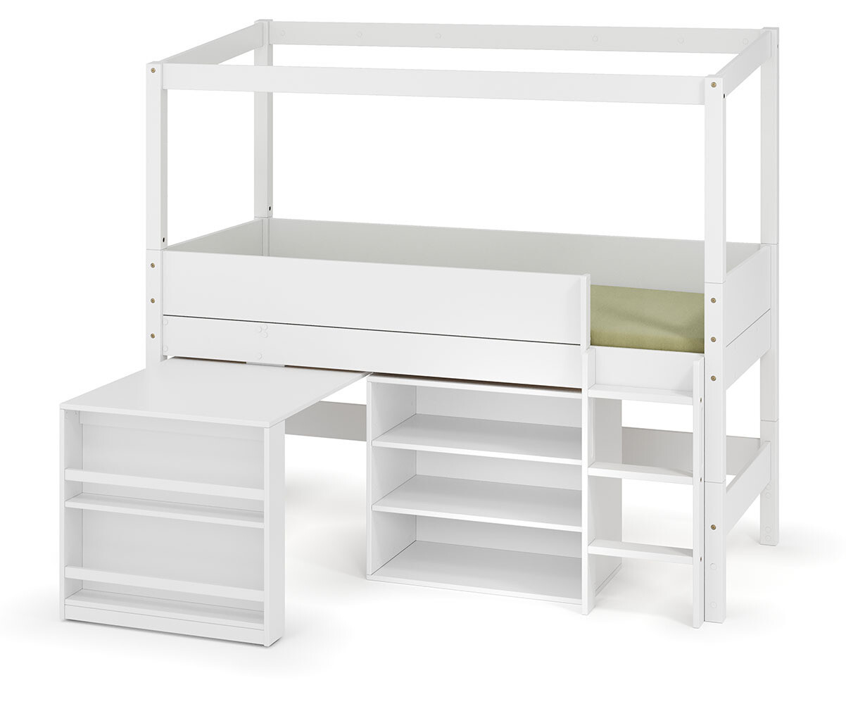 PROMO ! Lit cabane mi-hauteur avec bureau Combeebed Blanc 90x200 cm Echelle grand côté Structure cabane uniquement 1 étagère