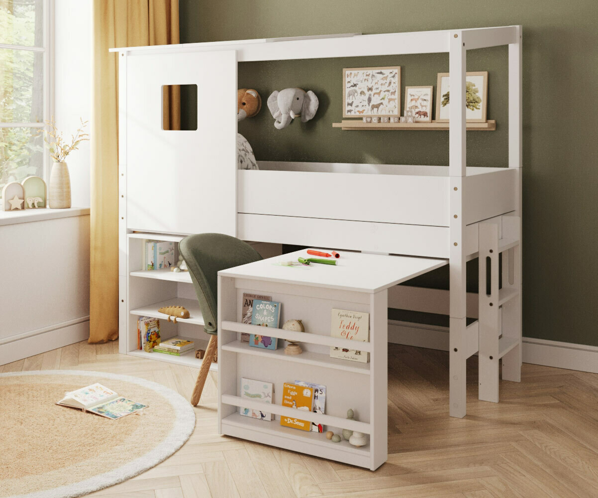 PROMO ! Lit cabane mi-hauteur avec bureau Combeebed Blanc 90x200 cm Echelle petit côté Toit et fenêtre haut 1 étagère