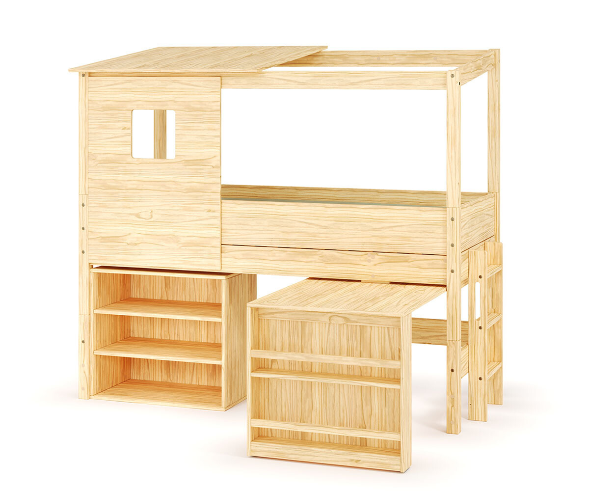 Lit cabane mi-hauteur avec bureau Combeebed Bois naturel 90x200 cm Echelle petit côté Toit et fenêtre haut 1 étagère