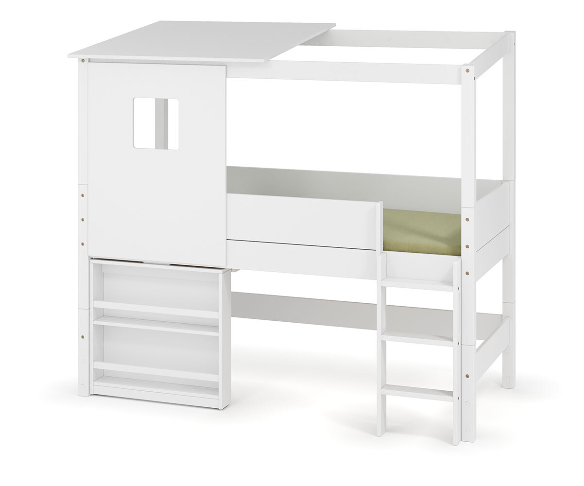 PROMO ! Lit cabane mi-hauteur avec bureau Combeebed Blanc 90x200 cm Echelle grand côté Toit et fenêtre haut Sans rangement