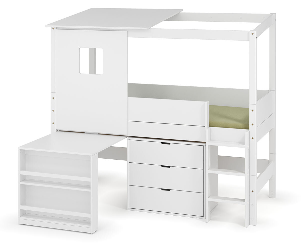 PROMO ! Lit cabane mi-hauteur avec bureau Combeebed Blanc 90x200 cm Echelle grand côté Toit et fenêtre haut 1 commode