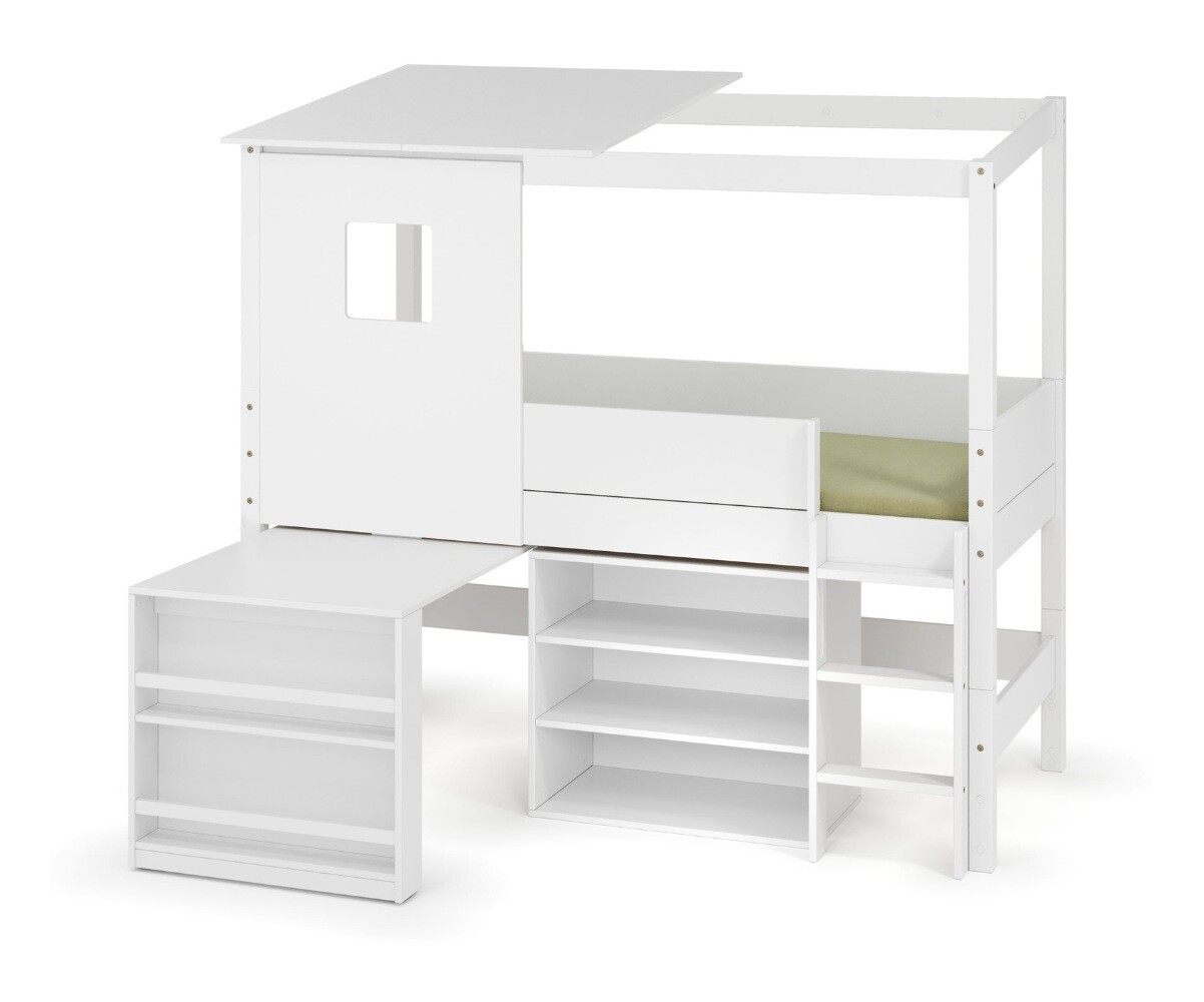 PROMO ! Lit cabane mi-hauteur avec bureau Combeebed Blanc 90x200 cm Echelle grand côté Toit et fenêtre haut 1 étagère