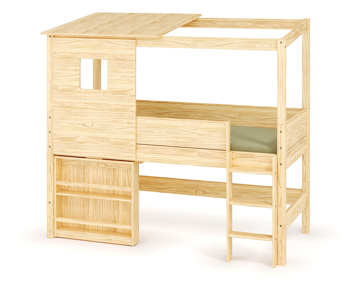 Lit cabane mi-hauteur avec bureau Combeebed Bois naturel 90x200 cm Echelle grand côté Toit et fenêtre haut Sans rangement