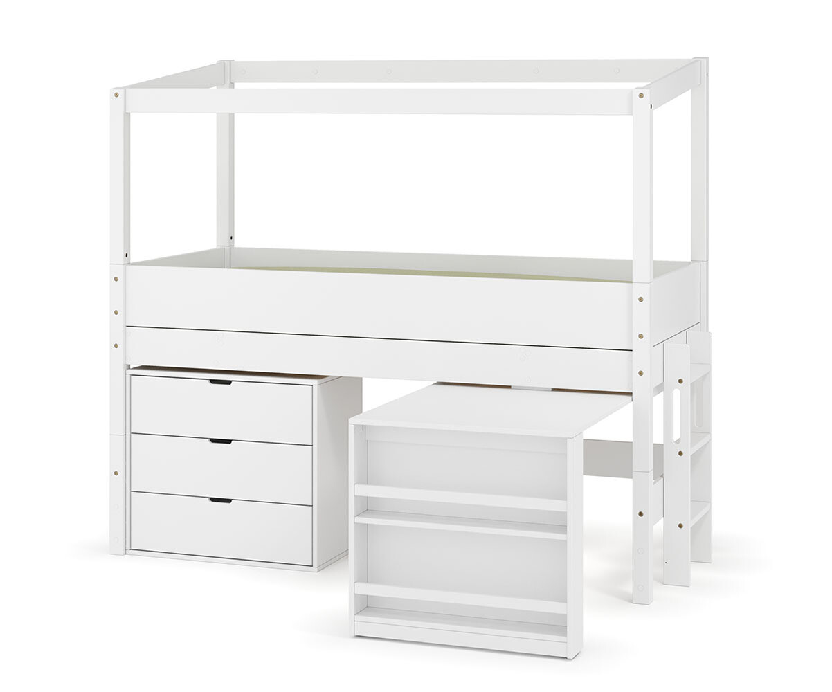 PROMO ! Lit cabane mi-hauteur avec bureau Combeebed Blanc 90x200 cm Echelle petit côté Structure cabane uniquement 1 commode