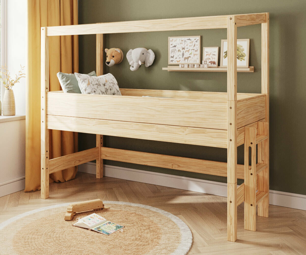 Lit cabane mi-hauteur avec matelas Combeebed Bois naturel 90x200 cm Echelle petit côté Structure cabane uniquement Matelas Airfresh 15 cm