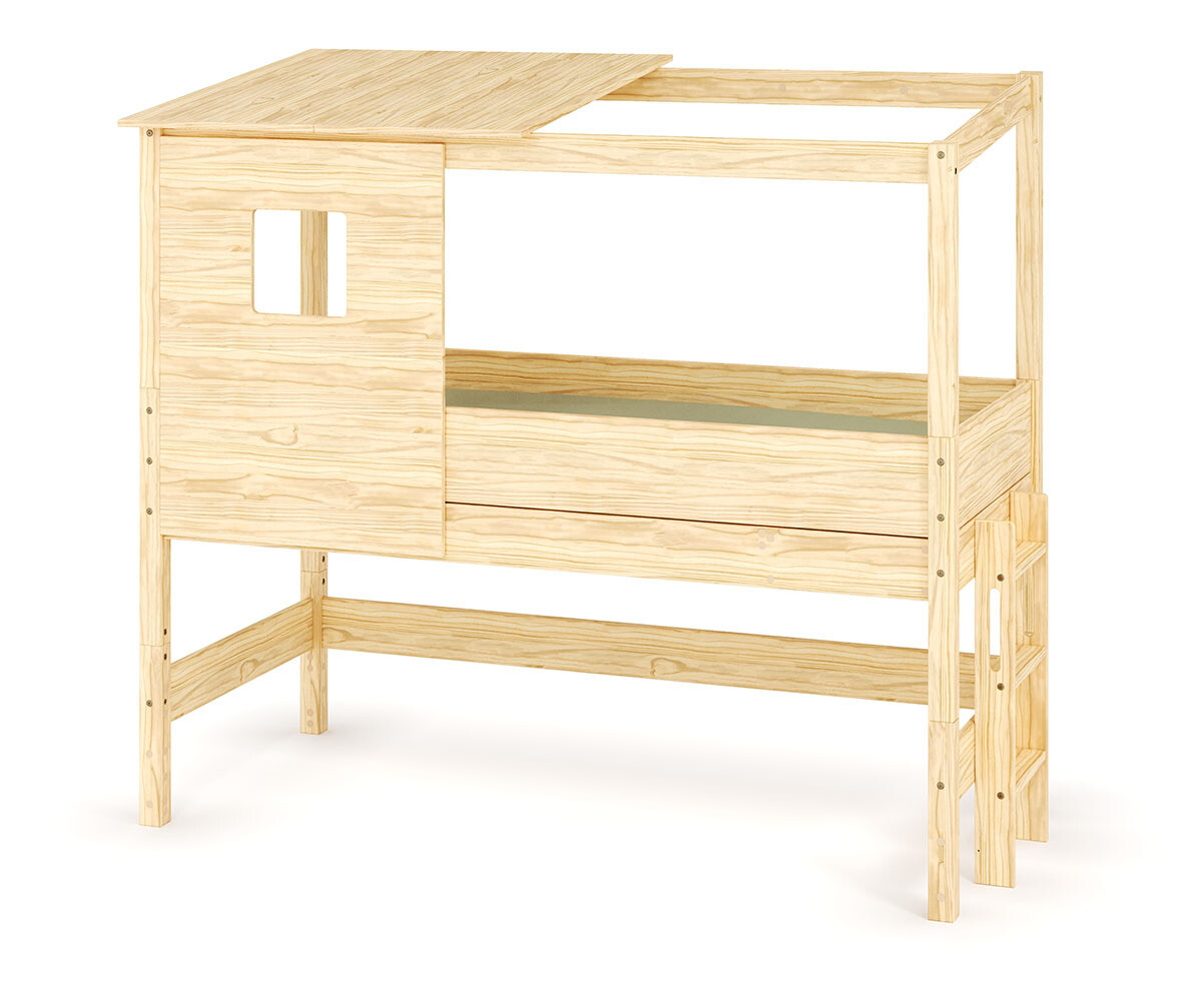 Lit cabane mi-hauteur avec matelas Combeebed Bois naturel 90x200 cm Echelle petit côté Toit et fenêtre haut Matelas Airfresh 15 cm