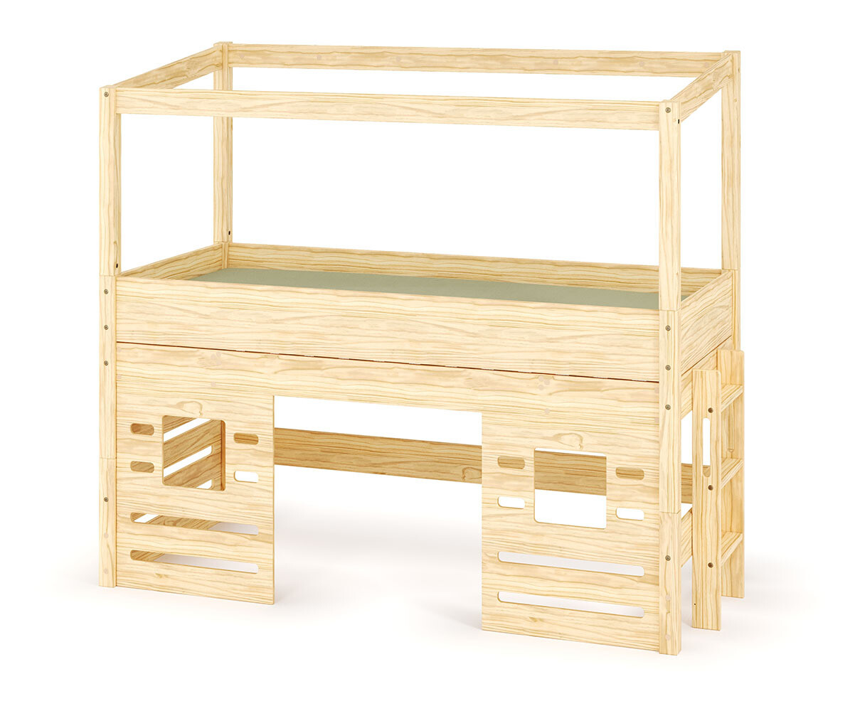 Lit cabane mi-hauteur avec matelas Combeebed Bois naturel 90x200 cm Echelle petit côté Fenêtre bas Matelas Airfresh 15 cm