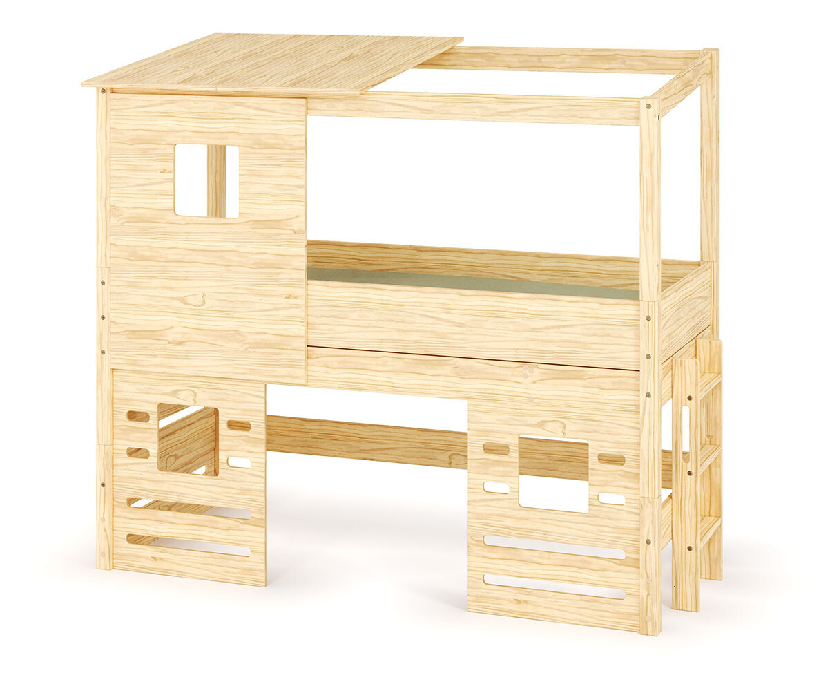 Lit cabane mi-hauteur avec matelas Combeebed Bois naturel 90x200 cm Echelle petit côté Toit et fenêtre haut et bas Matelas Airfresh 15 cm