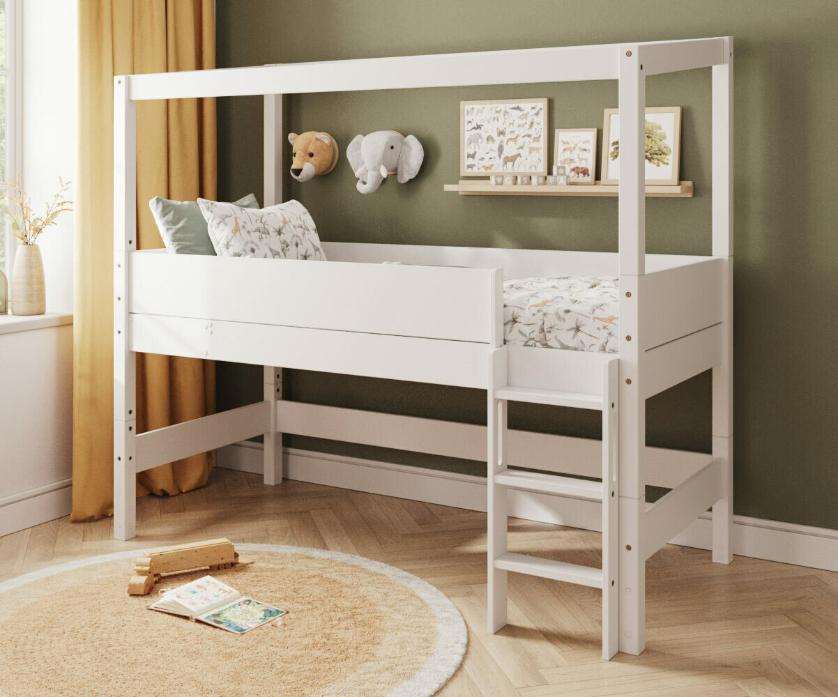 PROMO ! Lit cabane mi-hauteur avec matelas Combeebed Blanc 90x200 cm Echelle grand côté Structure cabane uniquement Matelas Airfresh 15 cm