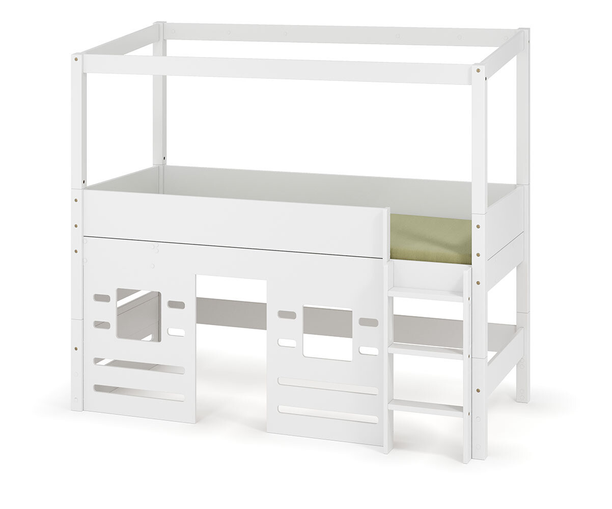 PROMO ! Lit cabane mi-hauteur avec matelas Combeebed Blanc 90x200 cm Echelle grand côté Fenêtre bas Matelas Norway 13 cm