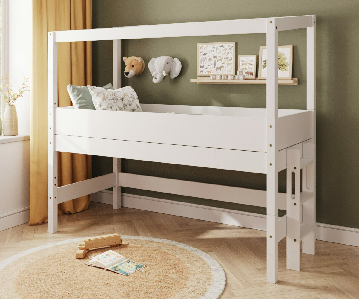 PROMO ! Lit cabane mi-hauteur avec matelas Combeebed Blanc 90x200 cm Echelle petit côté Structure cabane uniquement Matelas Airfresh 15 cm