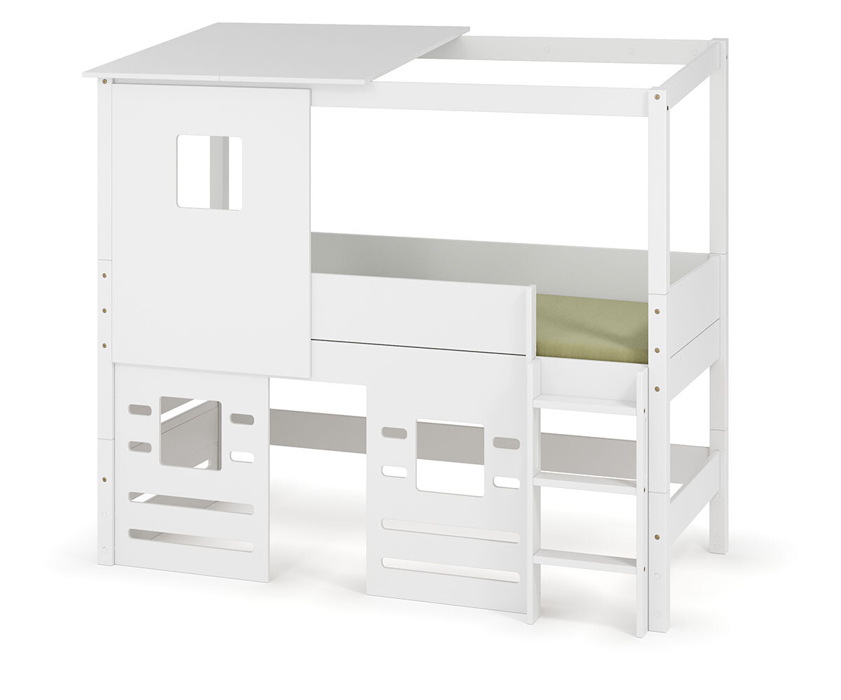 PROMO ! Lit cabane mi-hauteur avec matelas Combeebed Blanc 90x200 cm Echelle grand côté Toit et fenêtre haut et bas Matelas Airfresh 15 cm