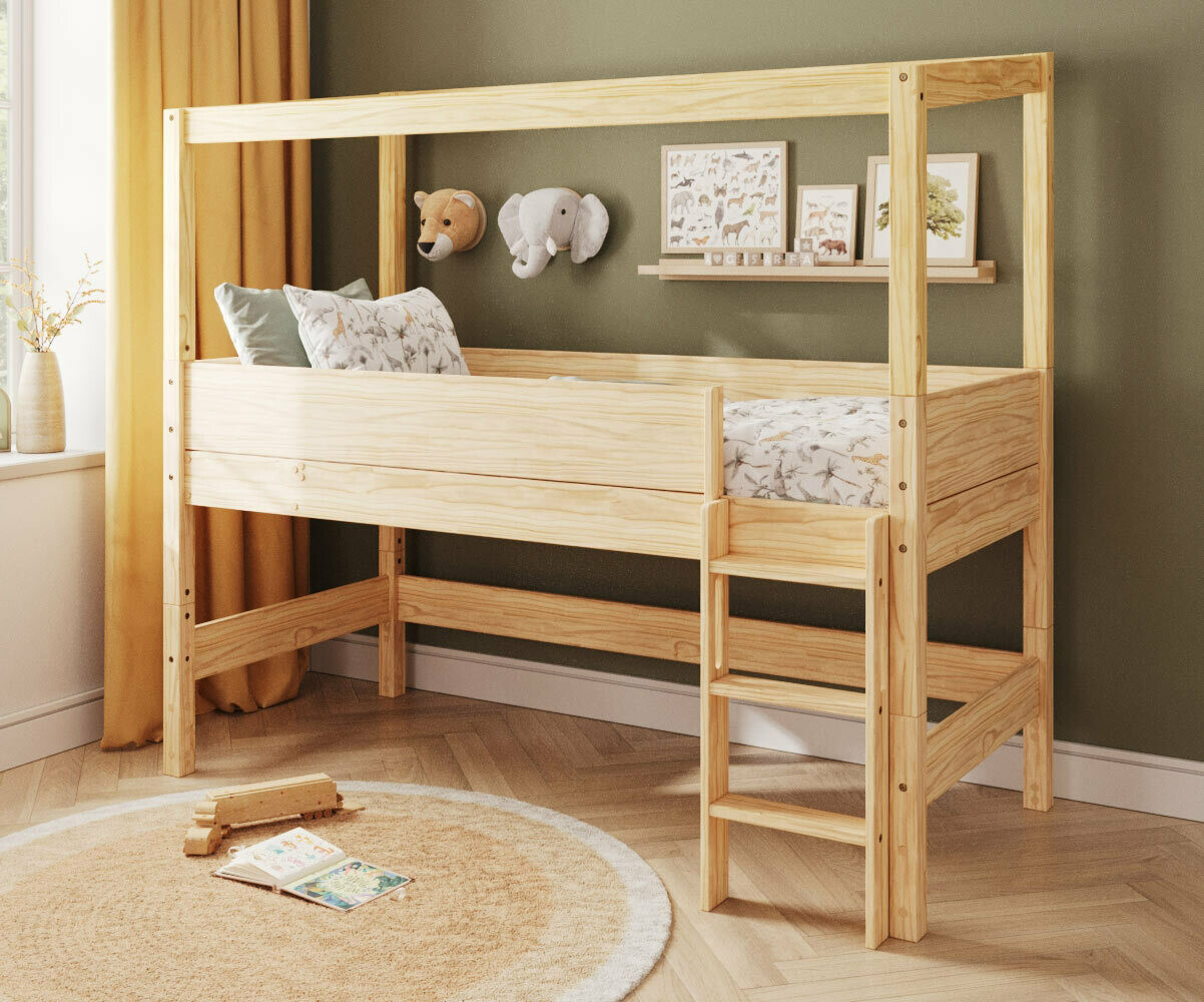 Lit cabane mi-hauteur avec matelas Combeebed Bois naturel 90x200 cm Echelle grand côté Structure cabane uniquement Matelas Airfresh 15 cm