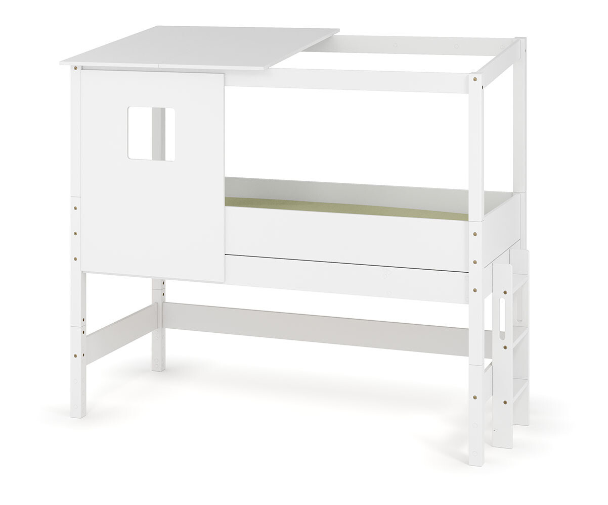 PROMO ! Lit cabane mi-hauteur avec matelas Combeebed Blanc 90x200 cm Echelle petit côté Toit et fenêtre haut Matelas Norway 13 cm