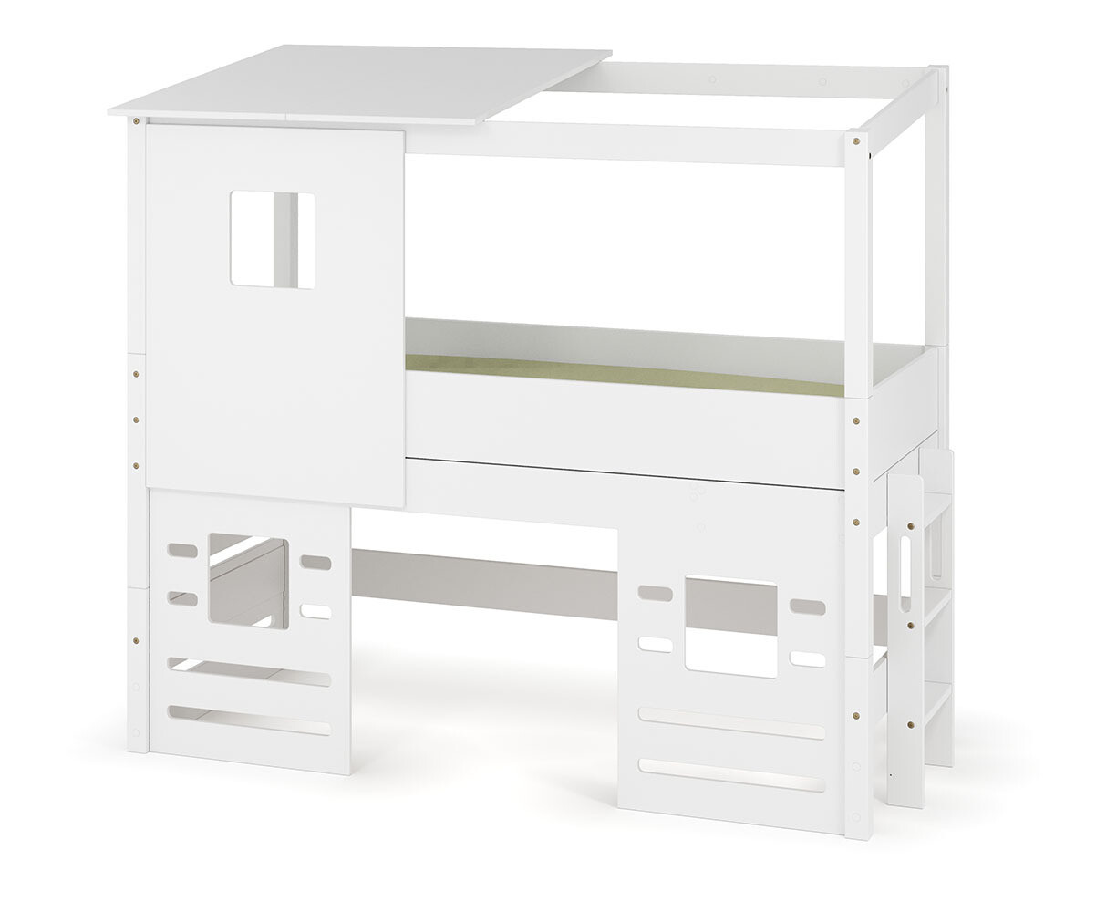 PROMO ! Lit cabane mi-hauteur avec matelas Combeebed Blanc 90x200 cm Echelle petit côté Toit et fenêtre haut et bas Matelas Norway 13 cm