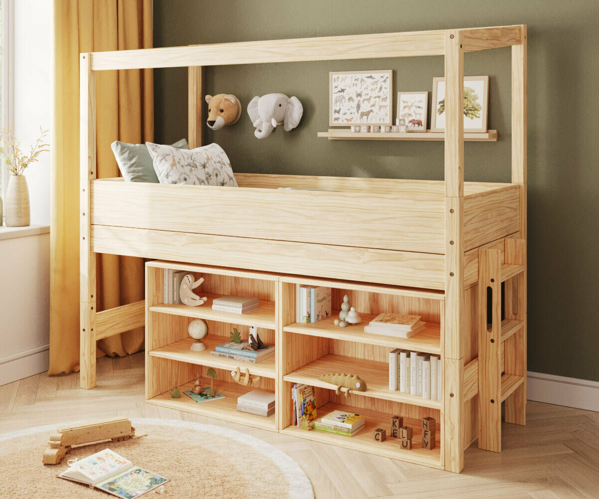 Lit cabane mi-hauteur avec rangement et matelas Combeebed Bois naturel 90x200 cm Echelle petit côté Structure cabane uniquement 2 étagères Matelas Ai