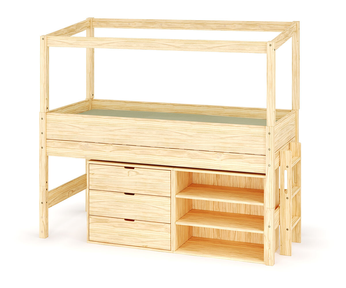 Lit cabane mi-hauteur avec rangement et matelas Combeebed Bois naturel 90x200 cm Echelle petit côté Structure cabane uniquement 1 étagère + 1 commode