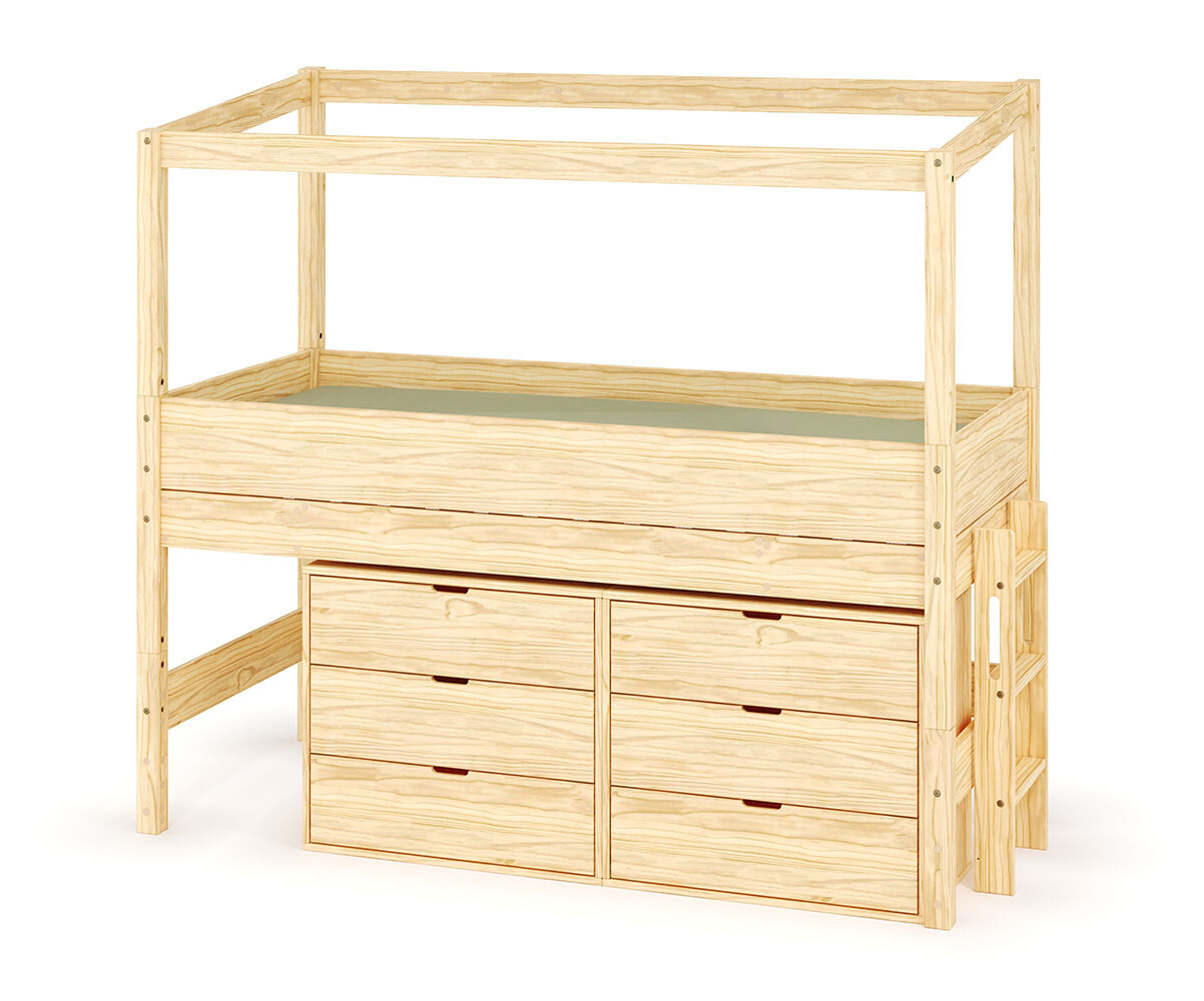 Lit cabane mi-hauteur avec rangement et matelas Combeebed Bois naturel 90x200 cm Echelle petit côté Structure cabane uniquement 2 commodes Matelas Ai