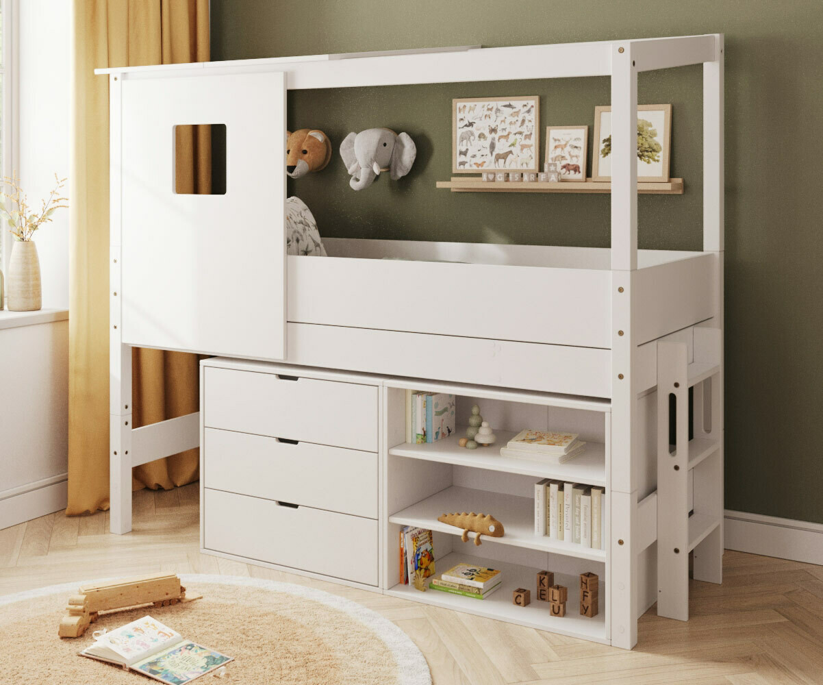 PROMO ! Lit cabane mi-hauteur avec rangement et matelas Combeebed Blanc 90x200 cm Echelle petit côté Toit et fenêtre haut 1 étagère + 1 commode Mat