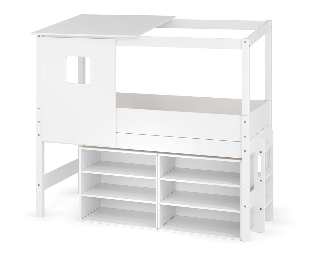 PROMO ! Lit cabane mi-hauteur avec rangement et matelas Combeebed Blanc 90x200 cm Echelle petit côté Toit et fenêtre haut 2 étagères Matelas Airfre