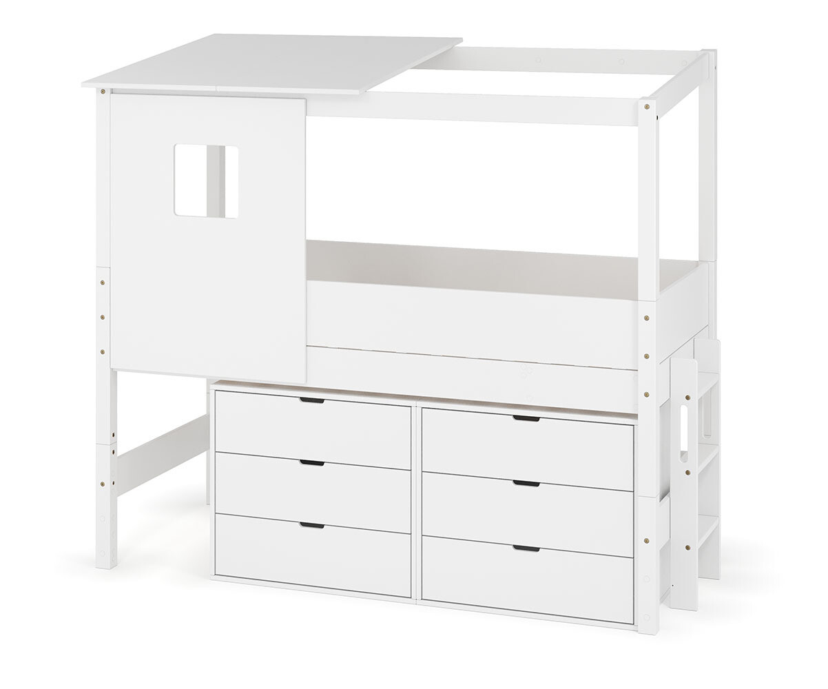 PROMO ! Lit cabane mi-hauteur avec rangement et matelas Combeebed Blanc 90x200 cm Echelle petit côté Toit et fenêtre haut 2 commodes Matelas Norway