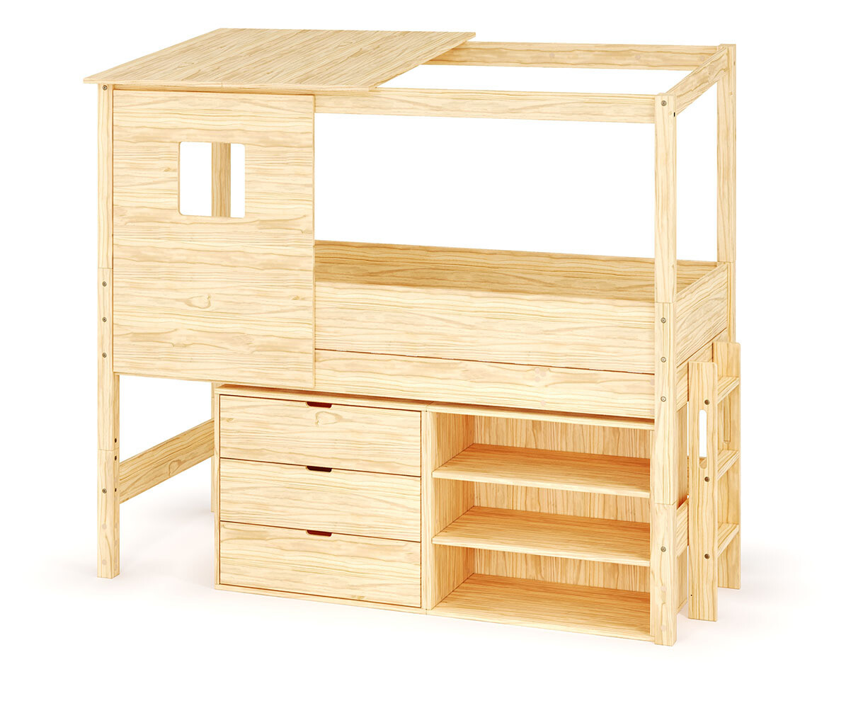 Lit cabane mi-hauteur avec rangement et matelas Combeebed Bois naturel 90x200 cm Echelle petit côté Toit et fenêtre haut 1 étagère + 1 commode Matela