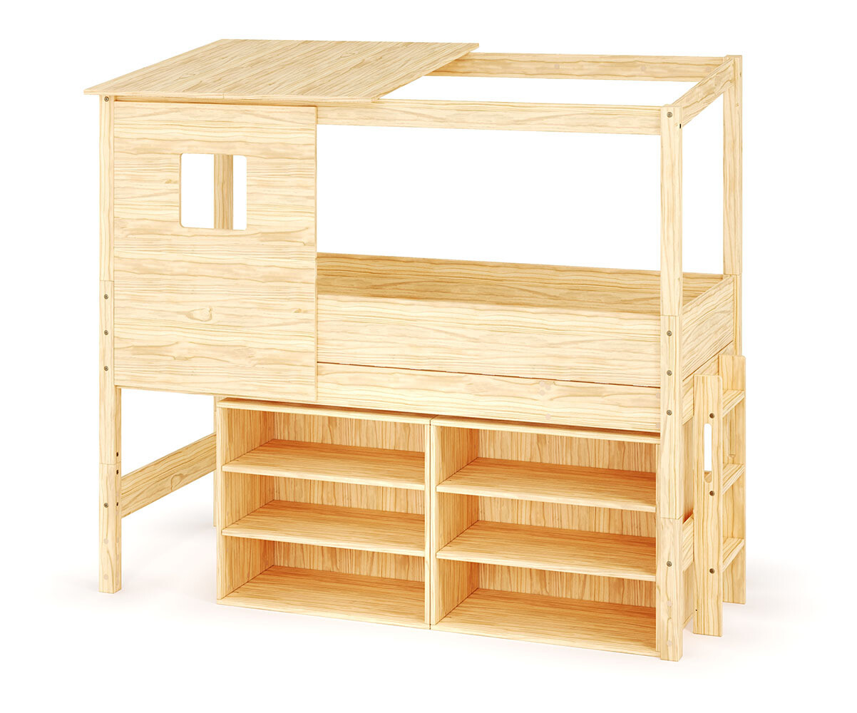 Lit cabane mi-hauteur avec rangement et matelas Combeebed Bois naturel 90x200 cm Echelle petit côté Toit et fenêtre haut 2 étagères Matelas Airfresh