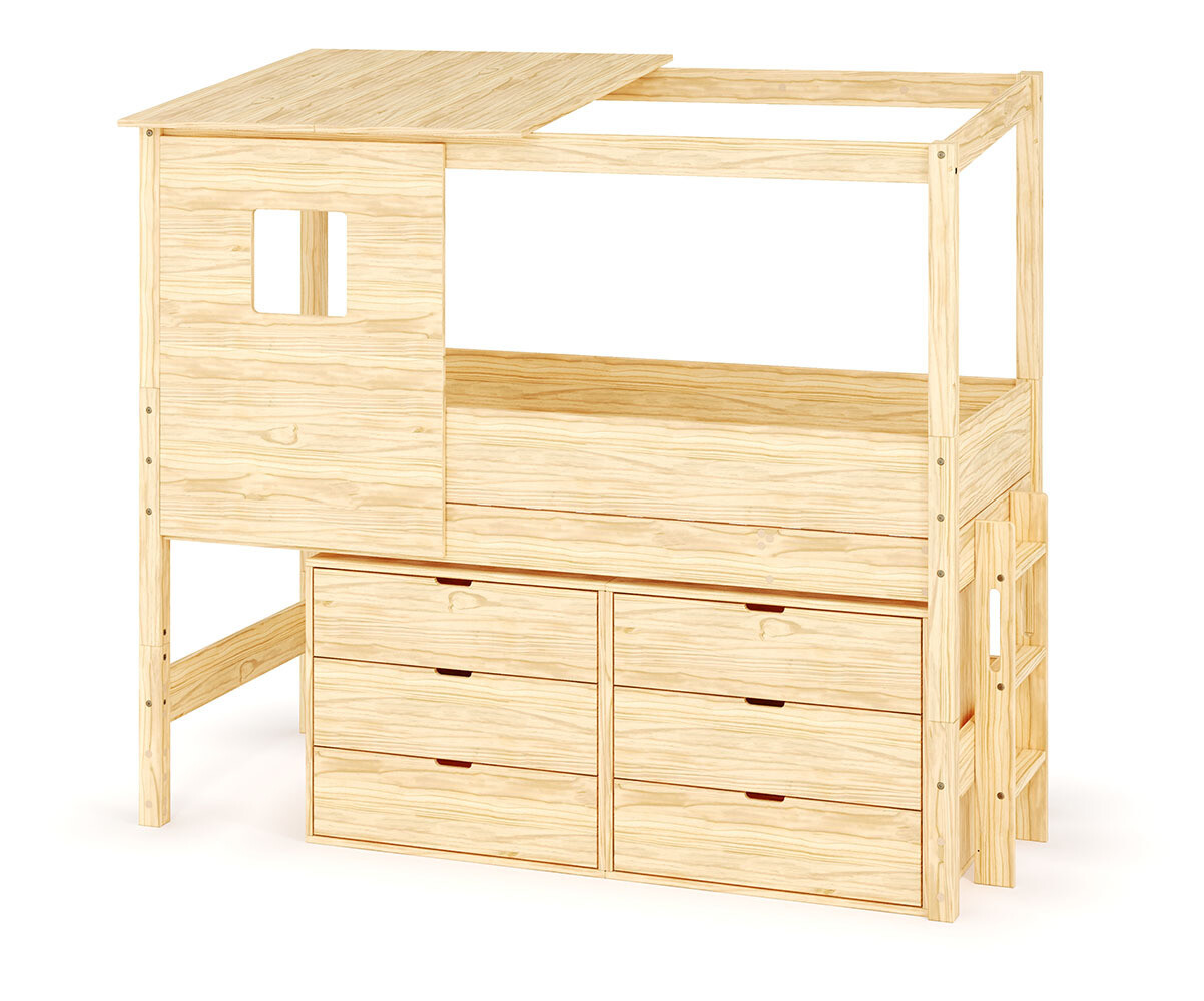 Lit cabane mi-hauteur avec rangement et matelas Combeebed Bois naturel 90x200 cm Echelle petit côté Toit et fenêtre haut 2 commodes Matelas Airfresh