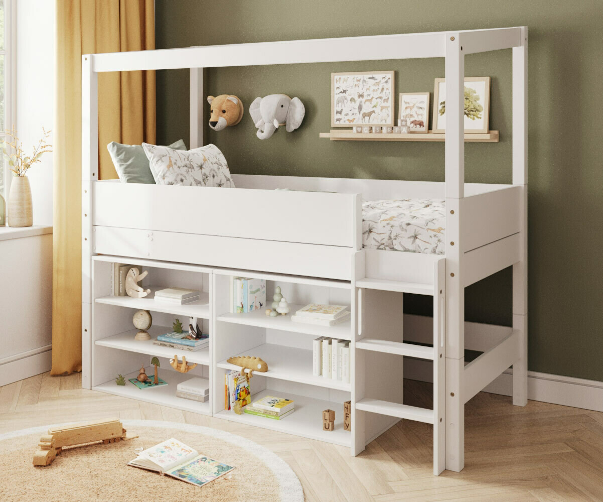 PROMO ! Lit cabane mi-hauteur avec rangement et matelas Combeebed Blanc 90x200 cm Echelle grand côté Structure cabane uniquement 2 étagères Matelas