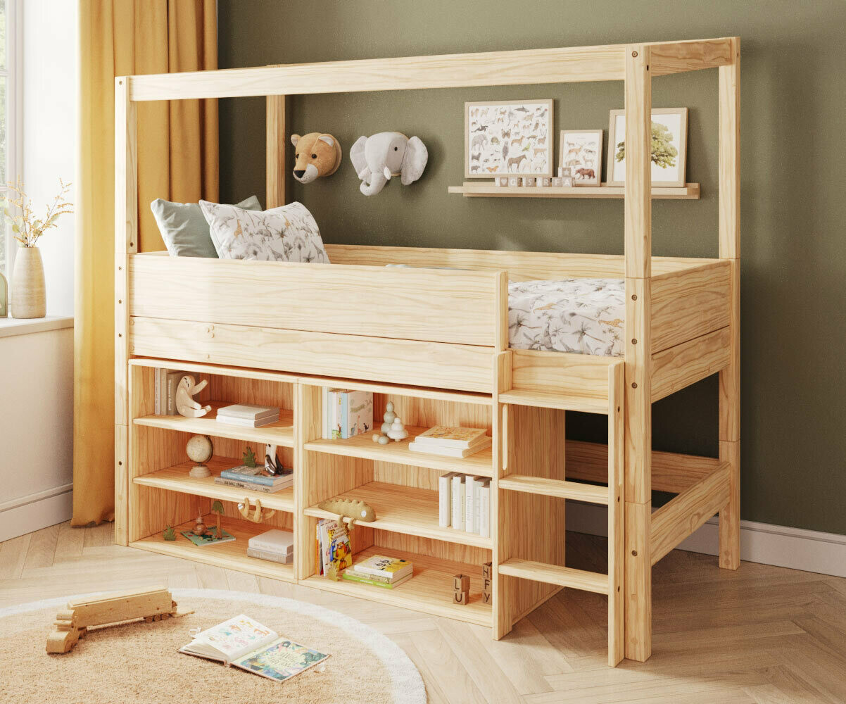 Lit cabane mi-hauteur avec rangement et matelas Combeebed Bois naturel 90x200 cm Echelle grand côté Structure cabane uniquement 2 étagères Matelas Ai