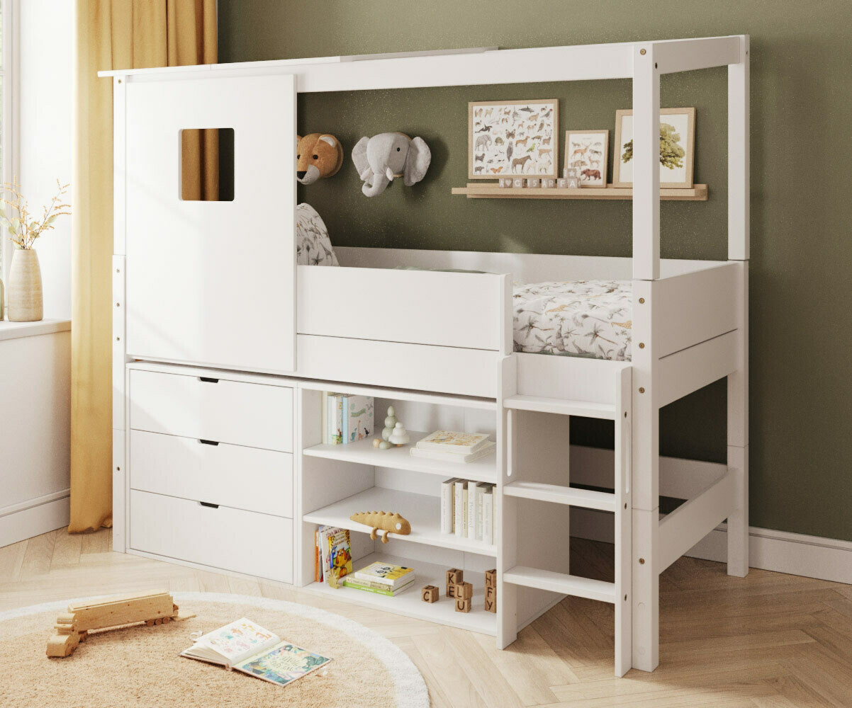 PROMO ! Lit cabane mi-hauteur avec rangement et matelas Combeebed Blanc 90x200 cm Echelle grand côté Toit et fenêtre haut 1 étagère + 1 commode Mat