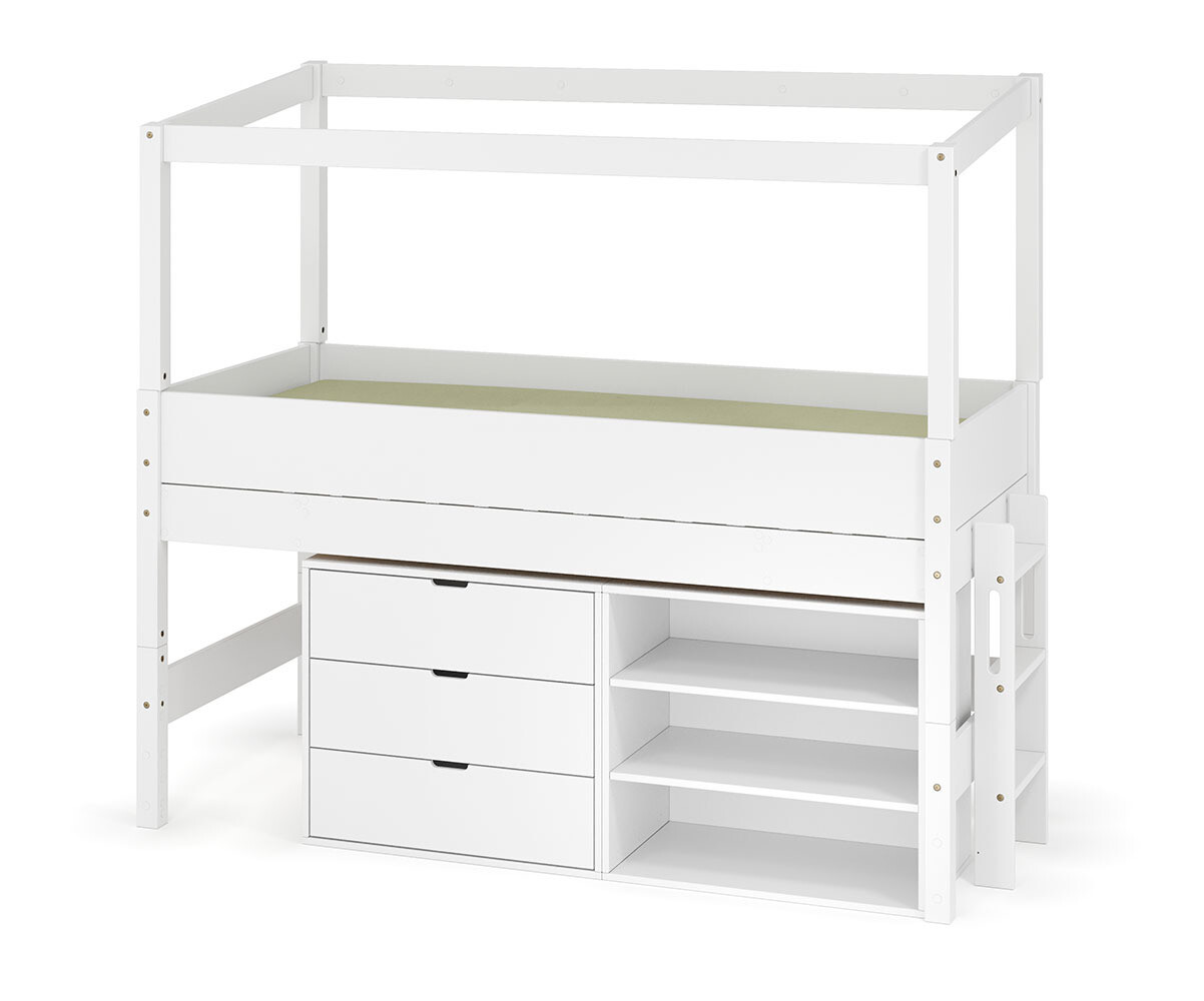 PROMO ! Lit cabane mi-hauteur avec rangement et matelas Combeebed Blanc 90x200 cm Echelle petit côté Structure cabane uniquement 1 étagère + 1 comm