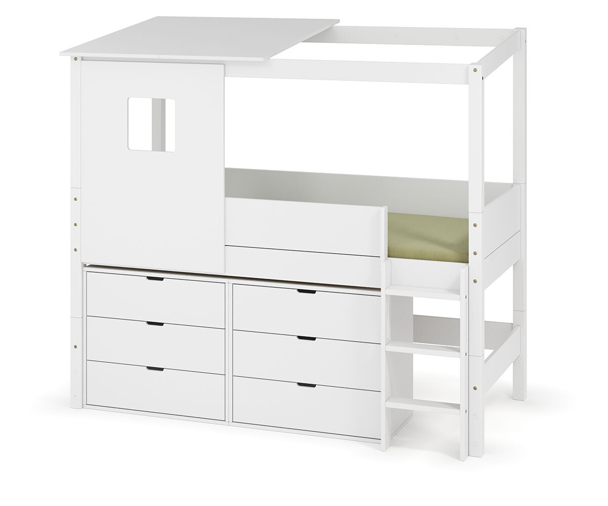 PROMO ! Lit cabane mi-hauteur avec rangement et matelas Combeebed Blanc 90x200 cm Echelle grand côté Toit et fenêtre haut 2 commodes Matelas Airfre
