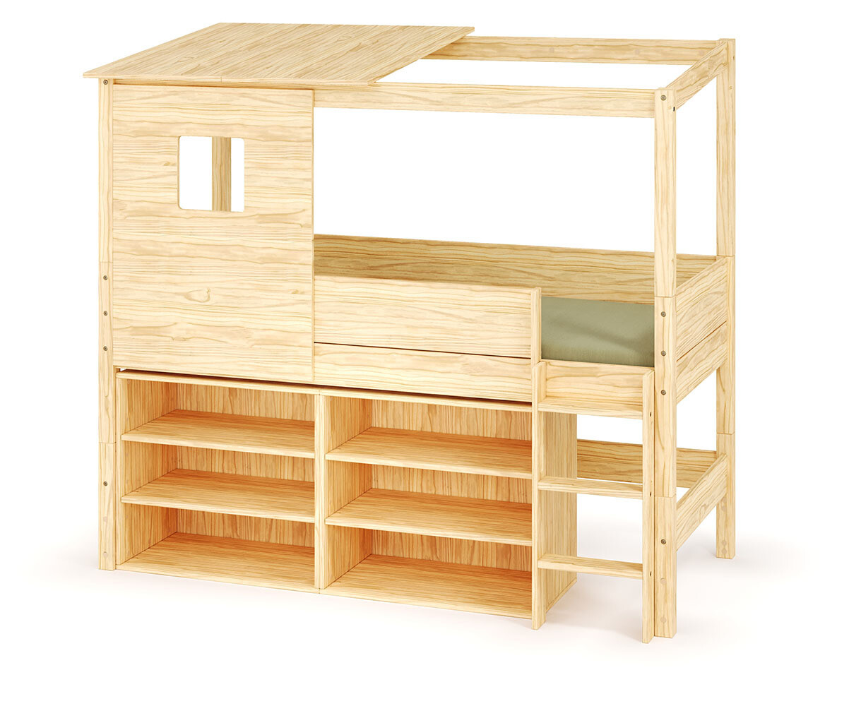 Lit cabane mi-hauteur avec rangement et matelas Combeebed Bois naturel 90x200 cm Echelle grand côté Toit et fenêtre haut 2 étagères Matelas Airfresh