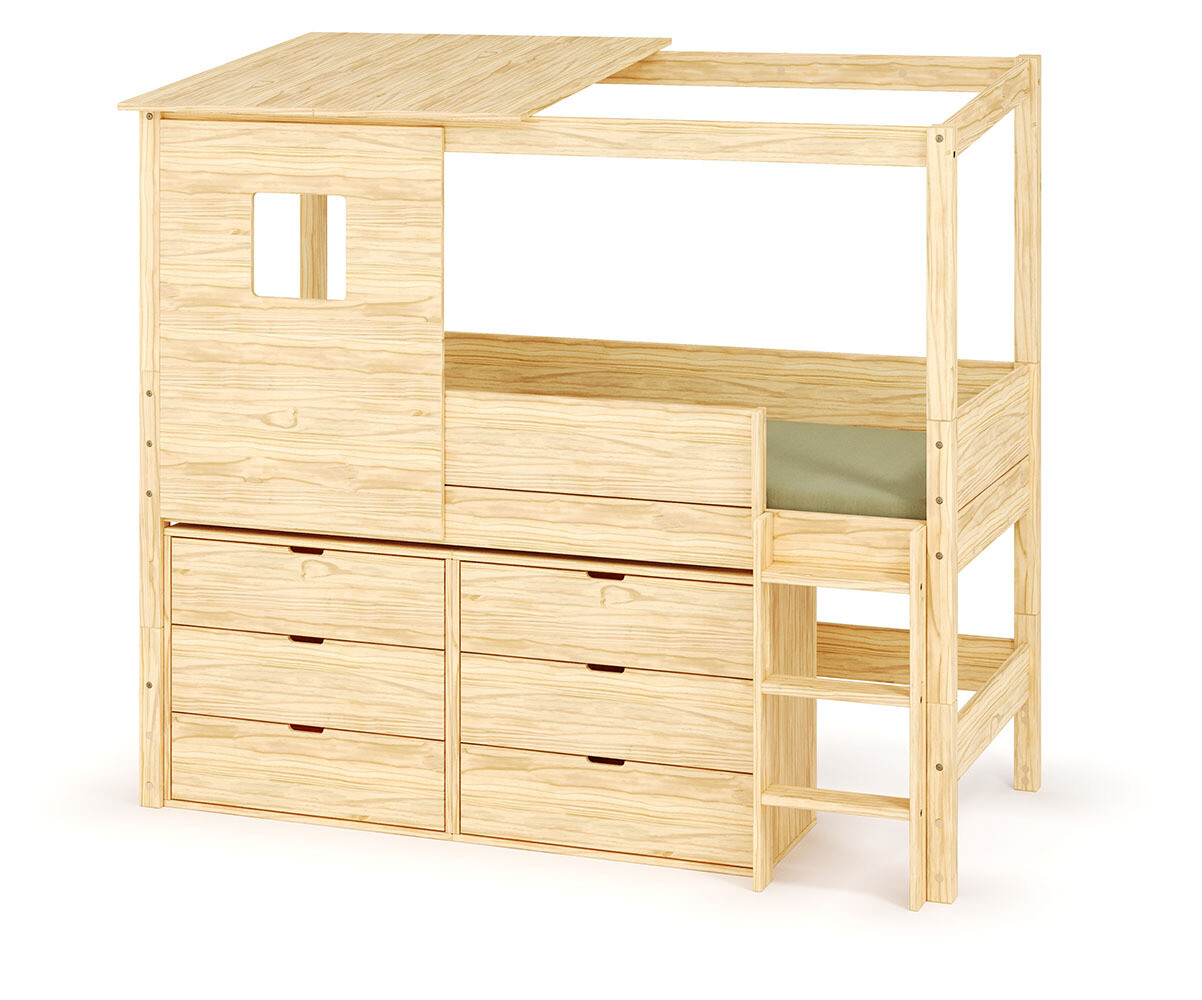 Lit cabane mi-hauteur avec rangement et matelas Combeebed Bois naturel 90x200 cm Echelle grand côté Toit et fenêtre haut 2 commodes Matelas Airfresh