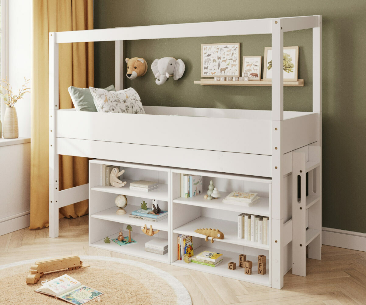 PROMO ! Lit cabane mi-hauteur avec rangement et matelas Combeebed Blanc 90x200 cm Echelle petit côté Structure cabane uniquement 2 étagères Matelas