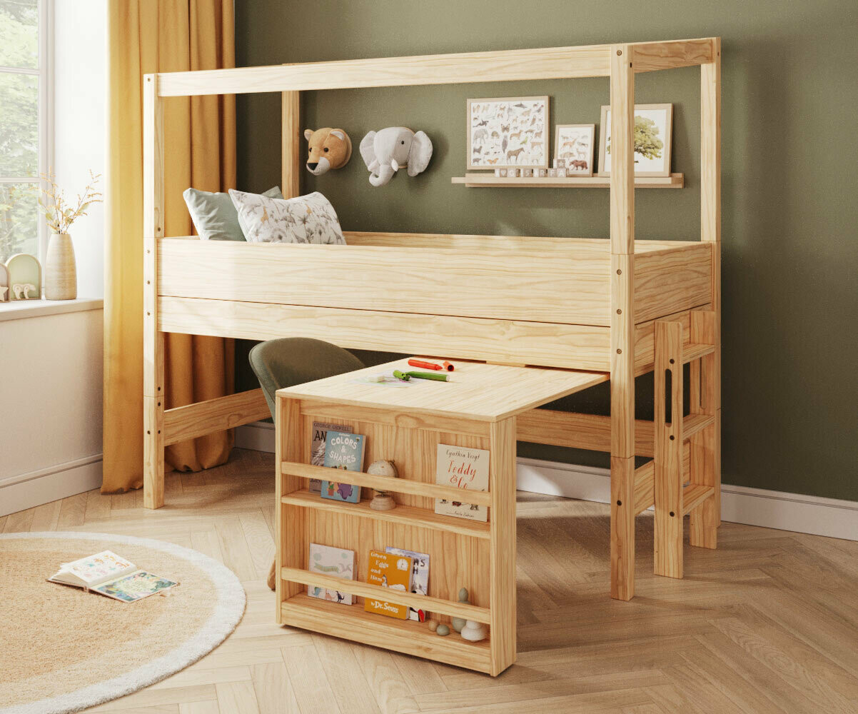 Lit cabane mi-hauteur avec bureau et matelas Combeebed Bois naturel 90x200 cm Echelle petit côté Structure cabane uniquement Sans rangement Matelas A